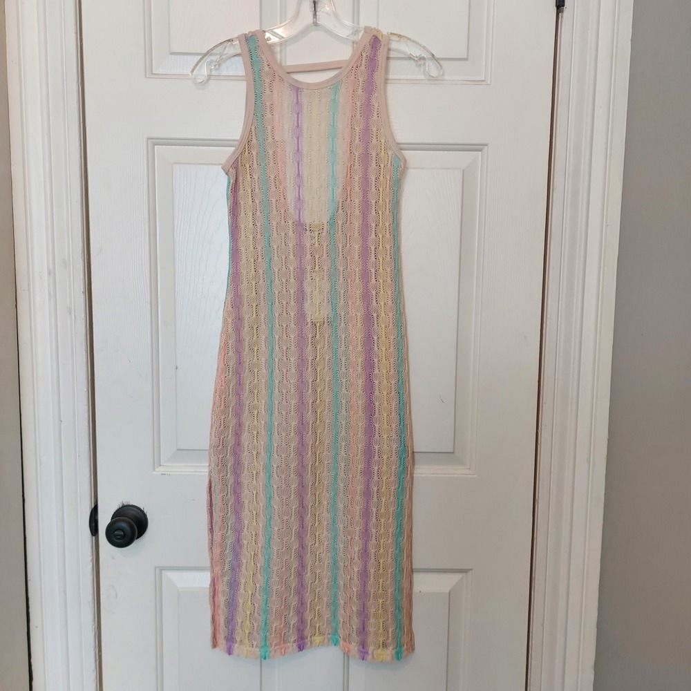 Miken Swim Womens XS Pastel Striped Open Knit Midi Dress Cover Up I9083K740 NEW